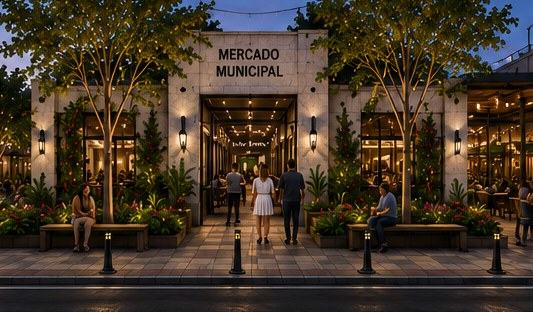 Imagen conceptual del nuevo mercado visto desde la Avenida Obregón, con árboles y terrazas iluminadas